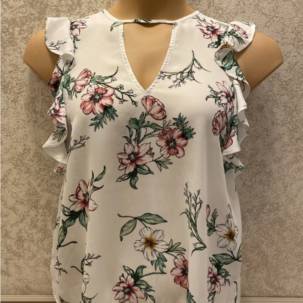 Floral Ruffle V-Neck Blouse - White and Pink